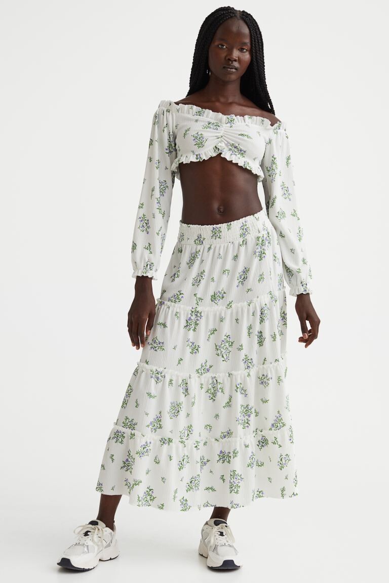 

Длинная жатая юбка H&M, белый/маленькие цветы