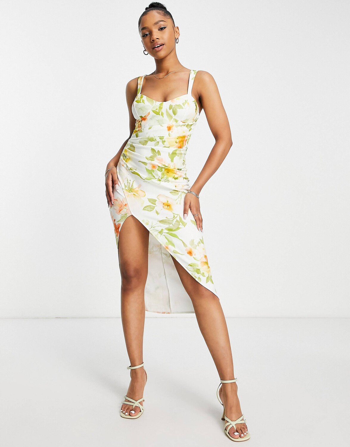 

Корсетное платье миди с драпировкой и цветочным принтом ASOS DESIGN