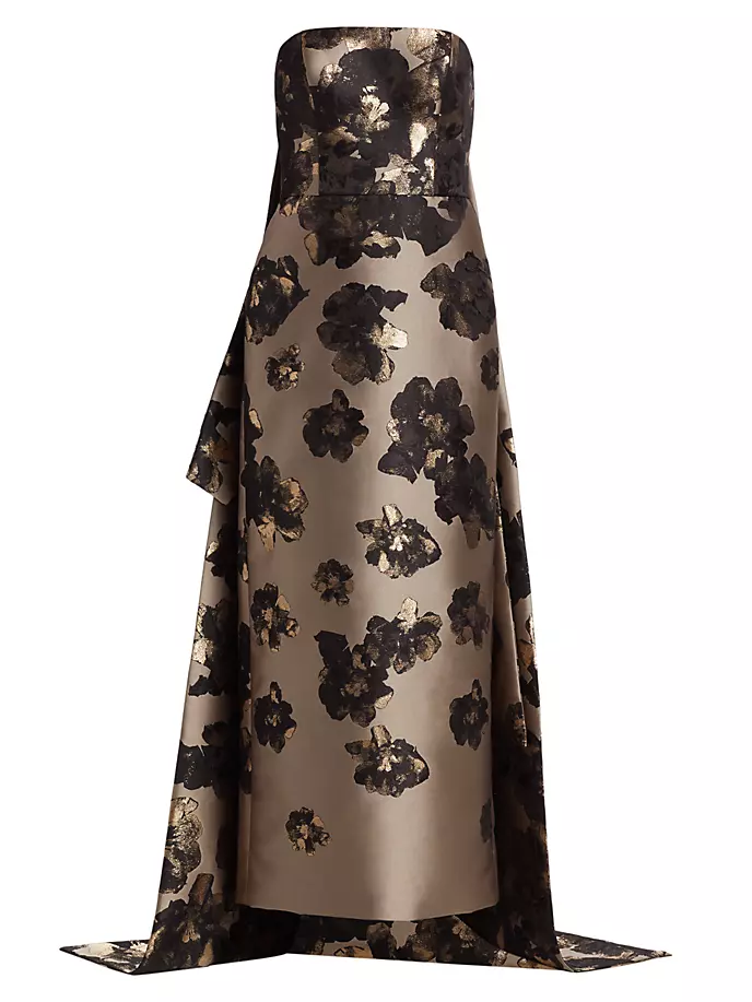 

Жаккардовое платье с цветочным принтом и эффектом металлик Amsale, цвет beige black gold