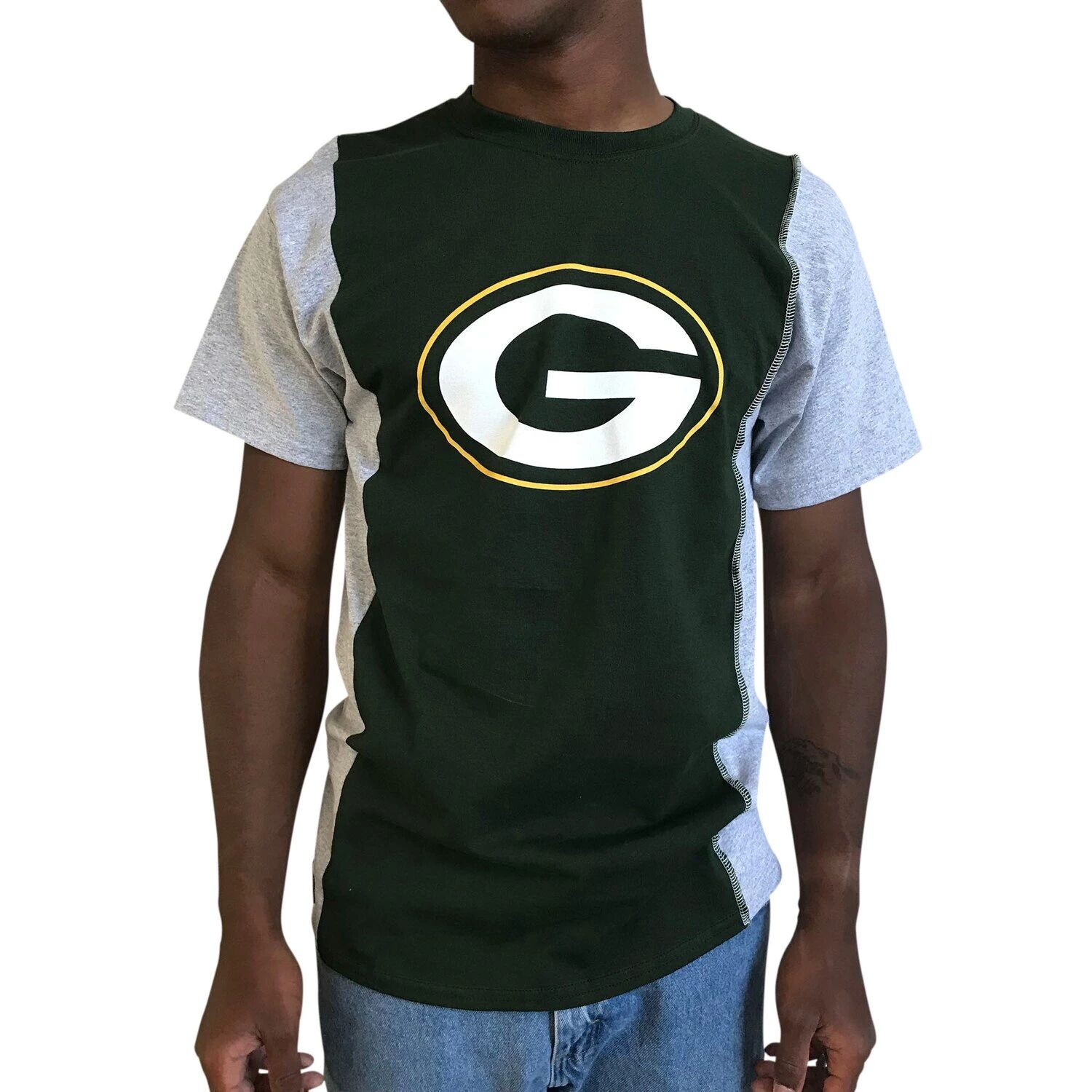 

Мужская пережаренная одежда зелено-серая футболка Green Bay Packers из экологически чистого переработанного материала с разрезом