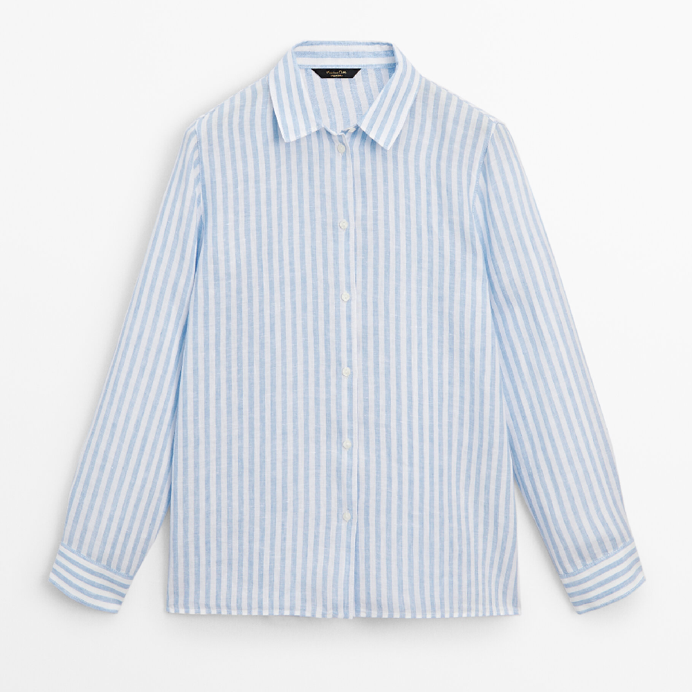 Рубашка Massimo Dutti 100% Linen Striped, синий платье в полоску на пуговицах из льна 42 зеленый