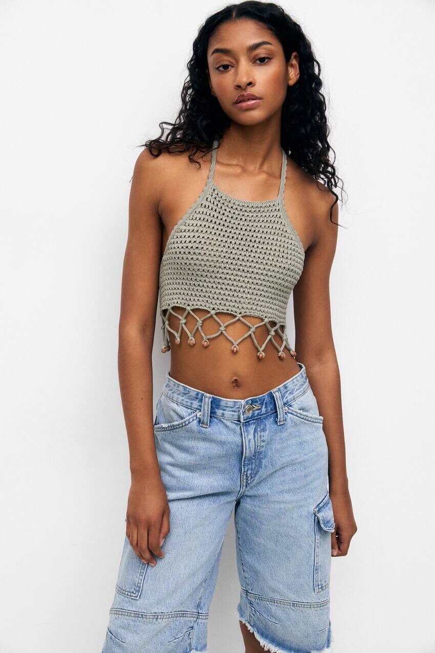 

Топ с бретельками крючком Pull&Bear, бледный хаки