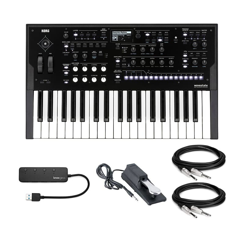 

Korg Wavestate Wave Sequencing 37-клавишный цифровой синтезатор в комплекте с педалью сустейна, 1/4-дюймовыми кабелями TRS и 4-портовым концентратором USB 3.0 Knox Gear