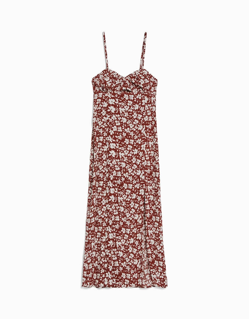 

Платье-миди Bershka Floral Print With Straps And Cut-Out Detail, коричневый/белый