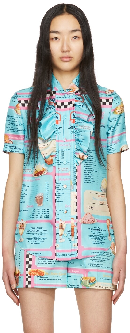 

Синяя шелковая рубашка The Diner Moschino