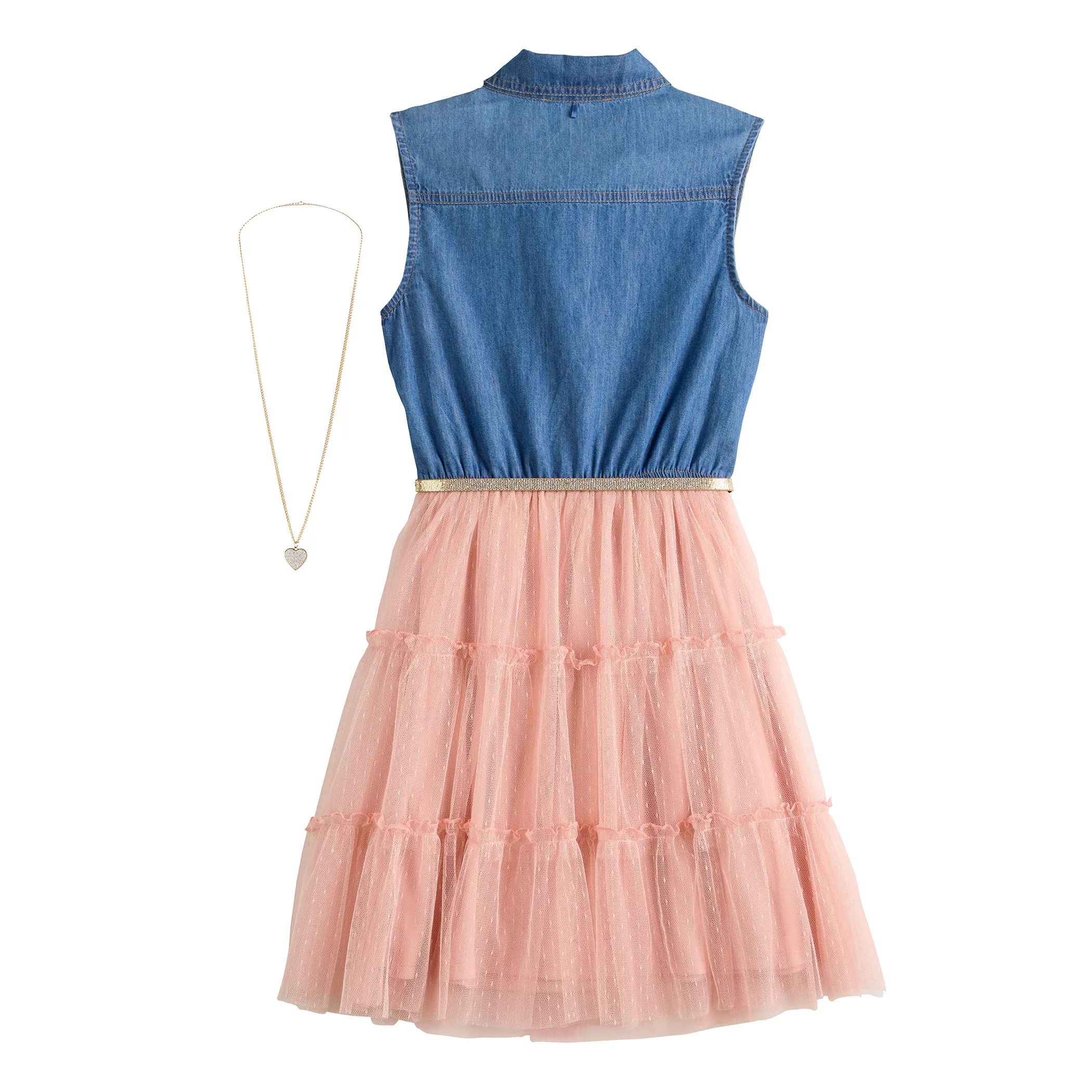 Джинсовое многоярусное платье-рубашка Knit Works для девочек 4–16 лет, комплект с поясом и ожерельем стандартного размера и размера плюс Knit Works