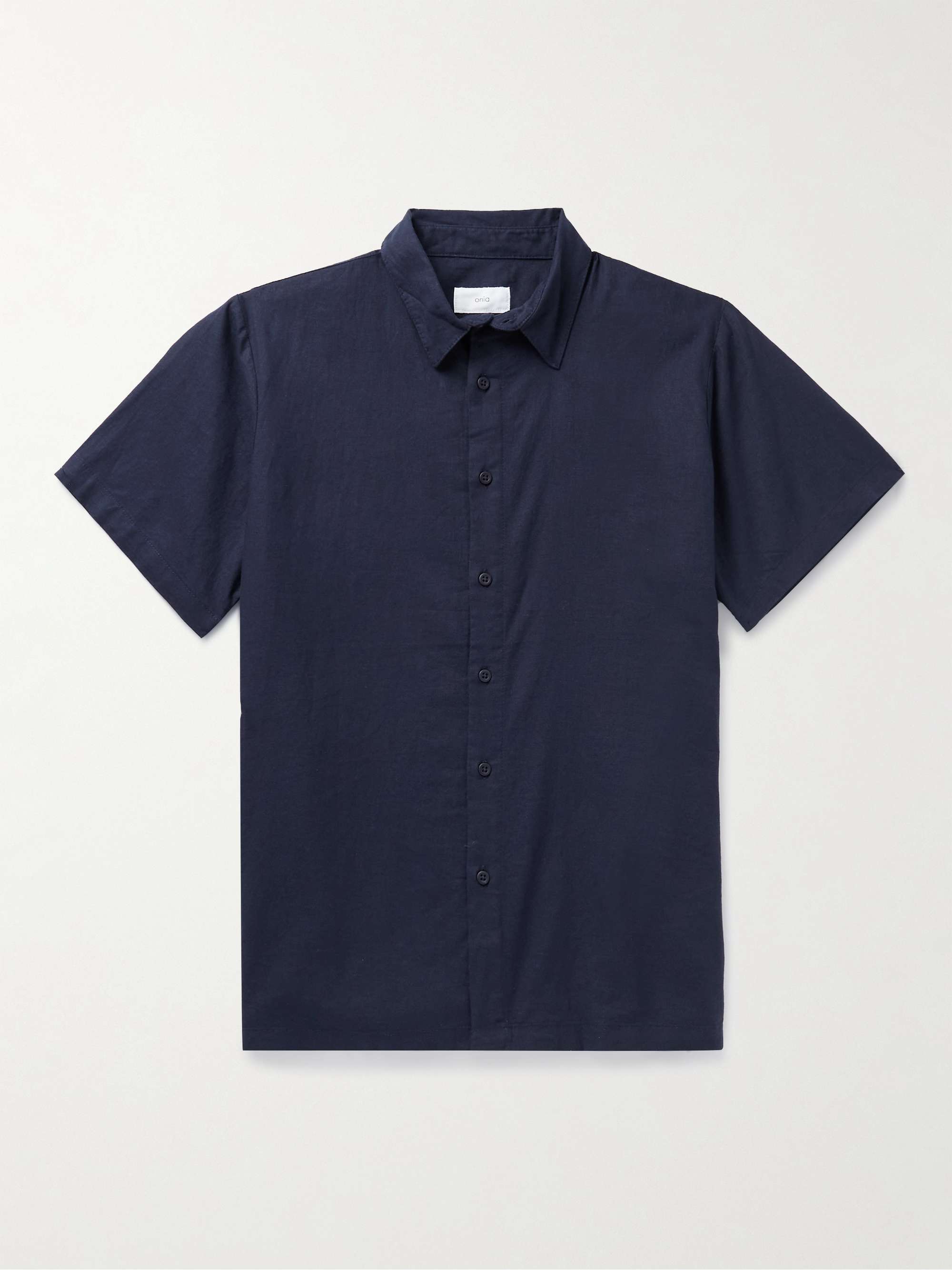 Рубашка из смесовой льняной ткани стрейч ONIA, нави полосатые шорты из хлопчатобумажной ткани onia нави