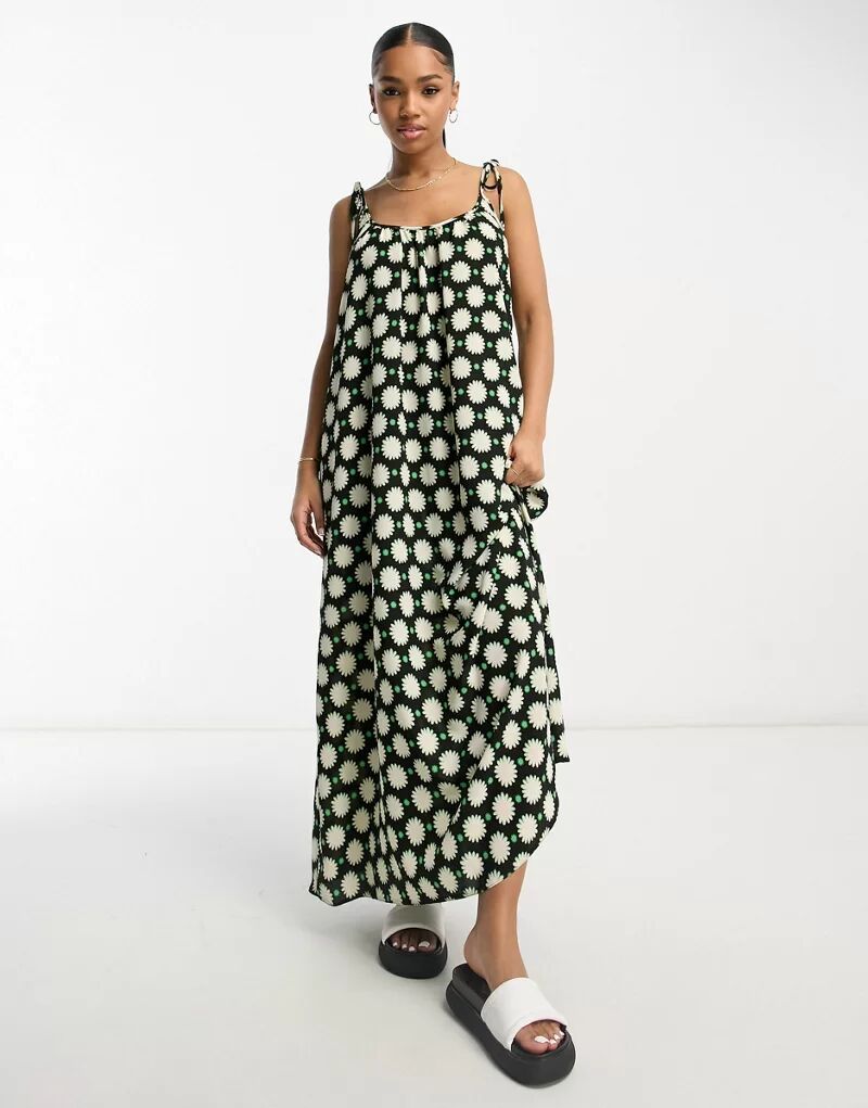 Зеленое платье-комбинация макси с трапециевидным принтом и ремешками ASOS