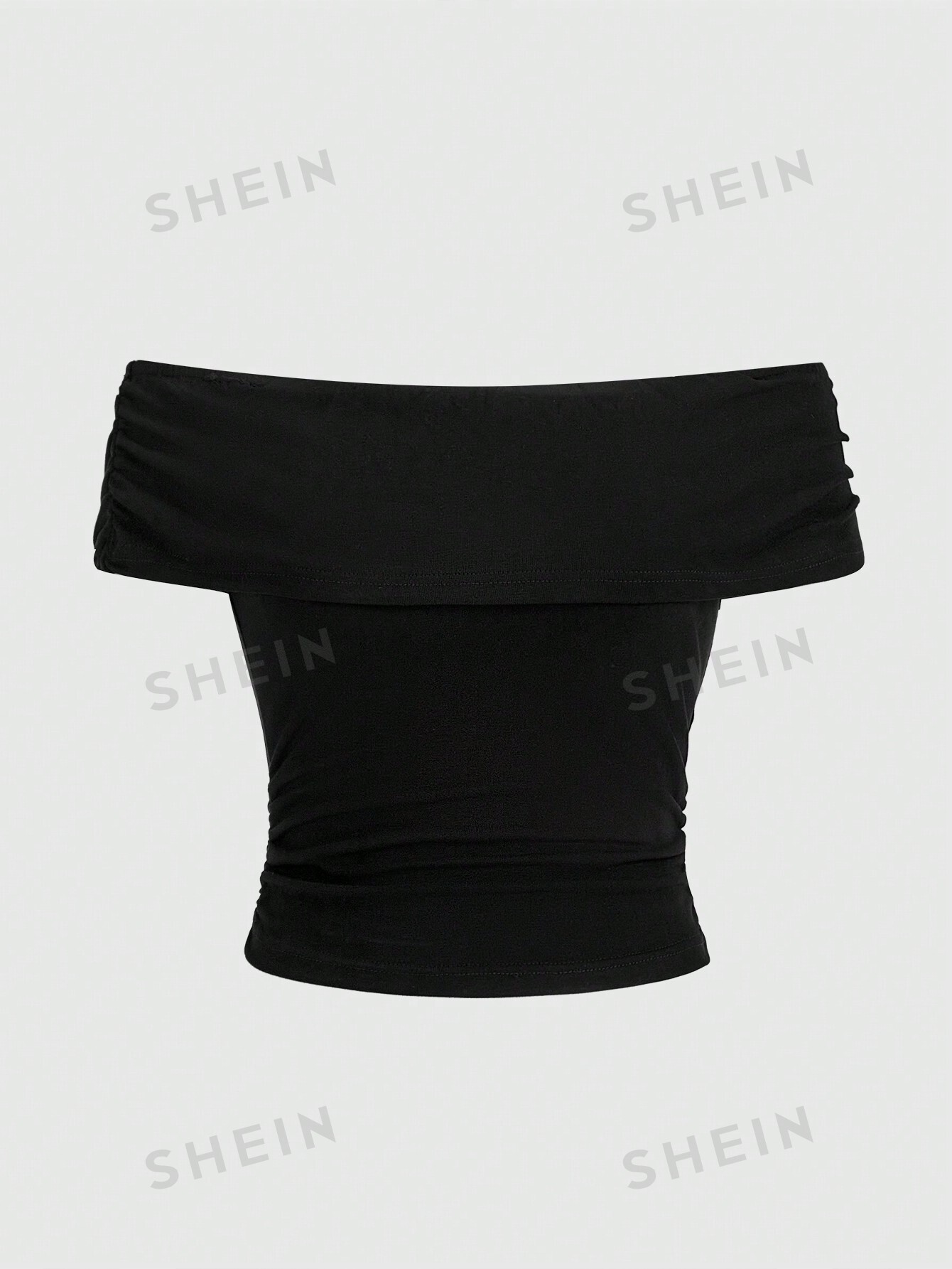 ROMWE Однотонная плиссированная футболка с открытыми плечами, черный женская блузка с открытыми плечами открытыми плечами и воротником лодочкой