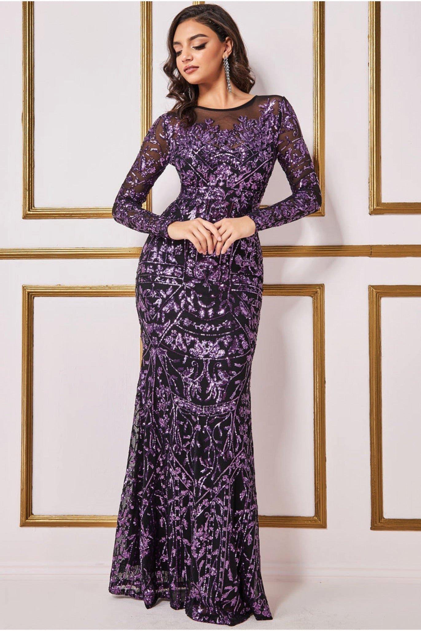 Платье макси из сетки с пайетками и вышивкой Goddiva, фиолетовый
