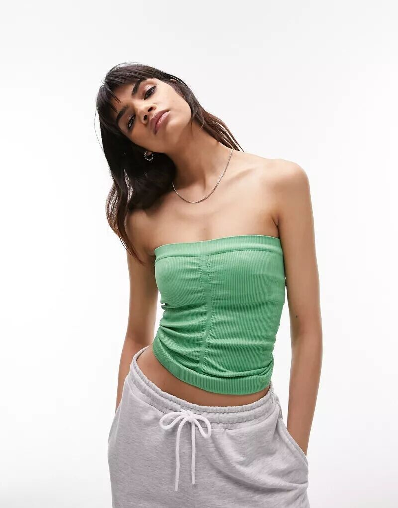 

Зеленый бесшовный топ без бретелек со сборками Topshop
