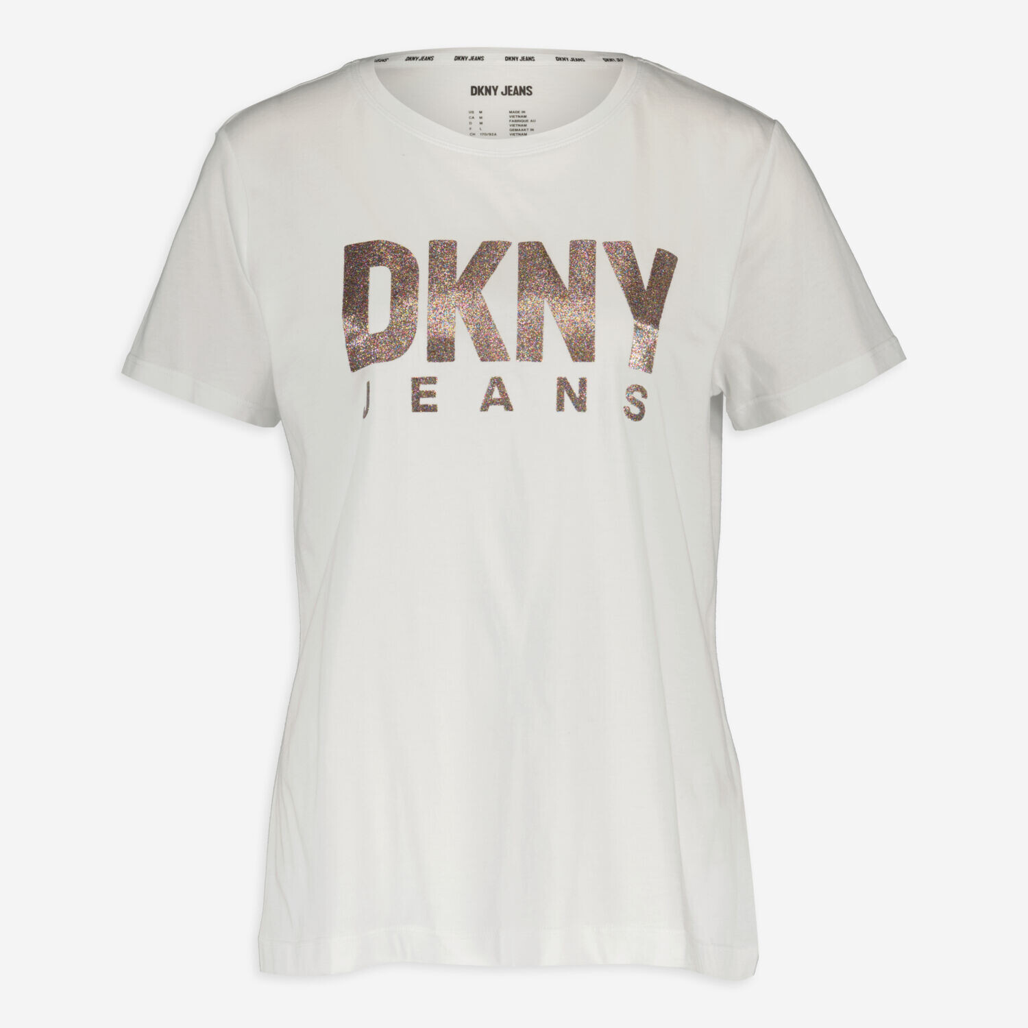 

Белая футболка с разноцветным блестящим логотипом DKNY Jeans