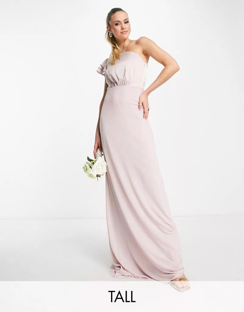 Мятно-розовое платье макси на одно плечо с оборками TFNC Bridesmaid
