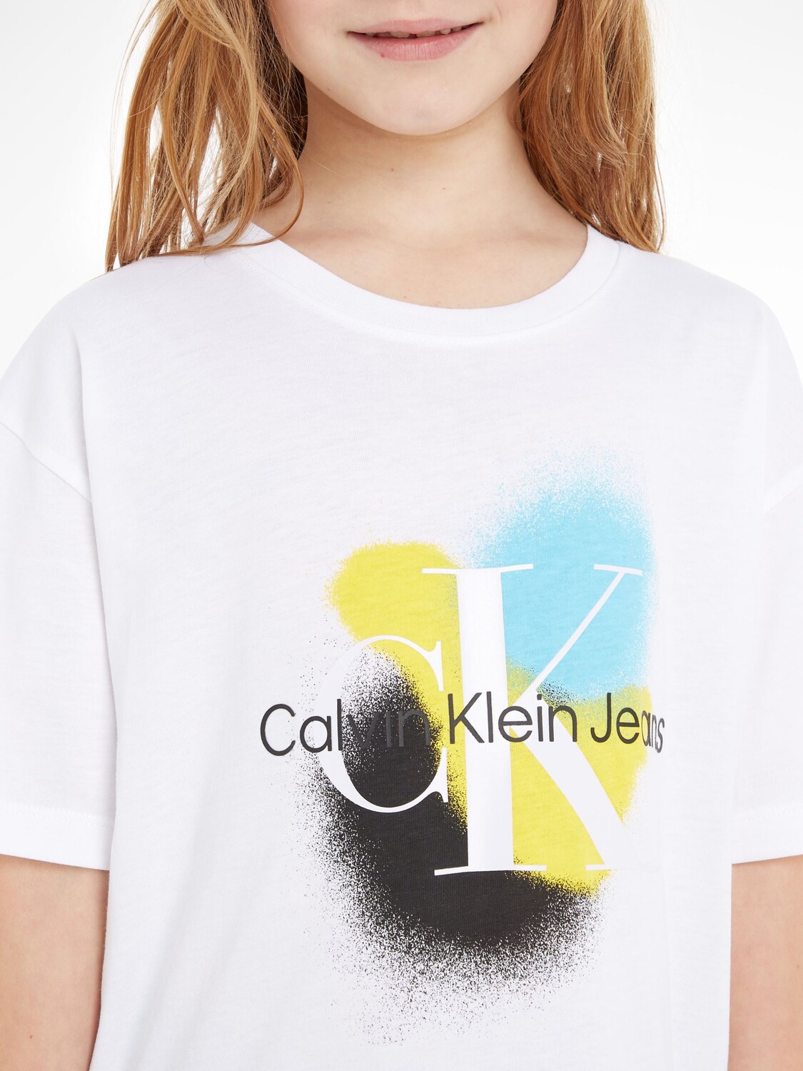 

Детская хлопковая футболка с принтом Calvin Klein, ярко-белый