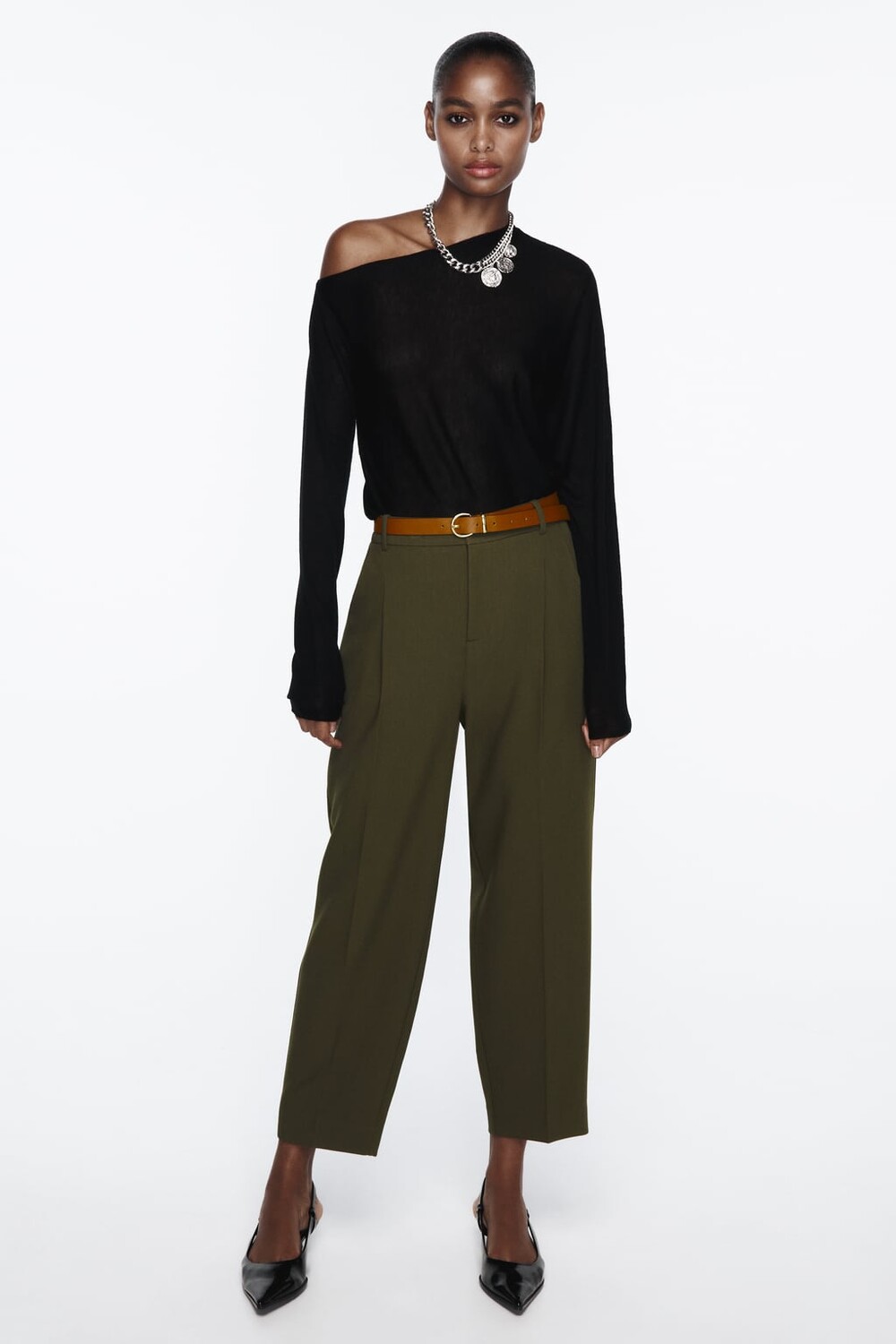

Брюки морковного кроя с поясом ZARA, хаки