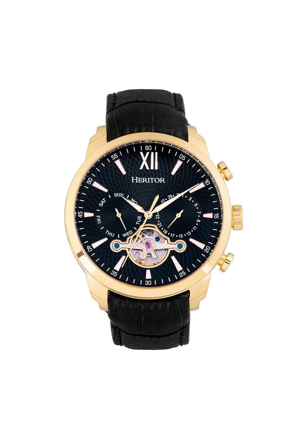 

Часы Arthur с полускелетоном и кожаным ремешком, днем ​​и датой Heritor Automatic, черный