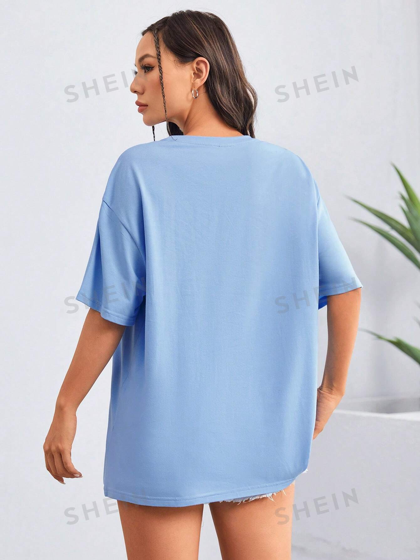 SHEIN EZwear Повседневная женская футболка свободного кроя с круглым вырезом и короткими рукавами с узором акулы, голубые