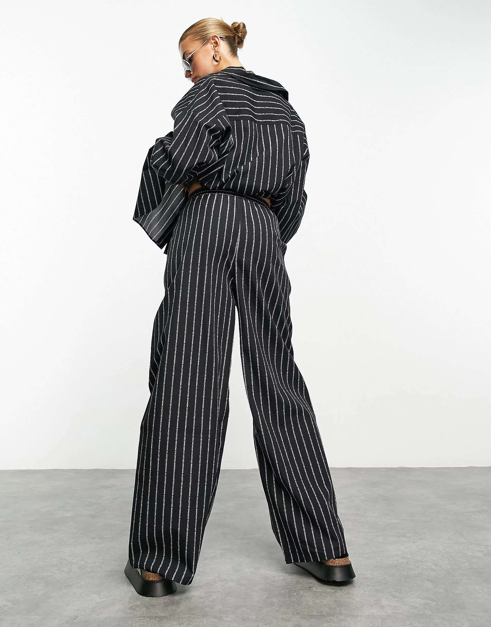 Черные широкие брюки в тонкую полоску ASOS Weekend Collective