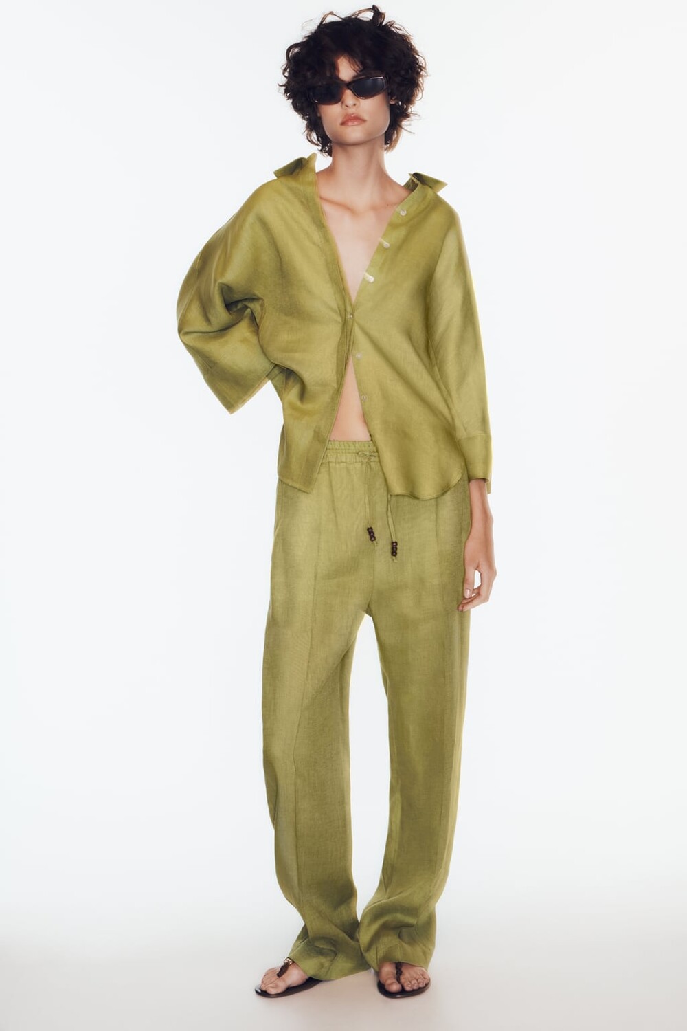 

Льняная рубашка с широким рукавом ZARA, зеленый