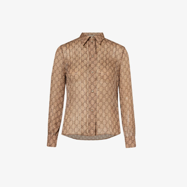 

Шелковая рубашка с воротником с монограммой Gucci, бежевый