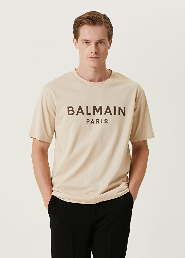 

Бежевая футболка из органического хлопка с принтом логотипа Balmain, Бежевый