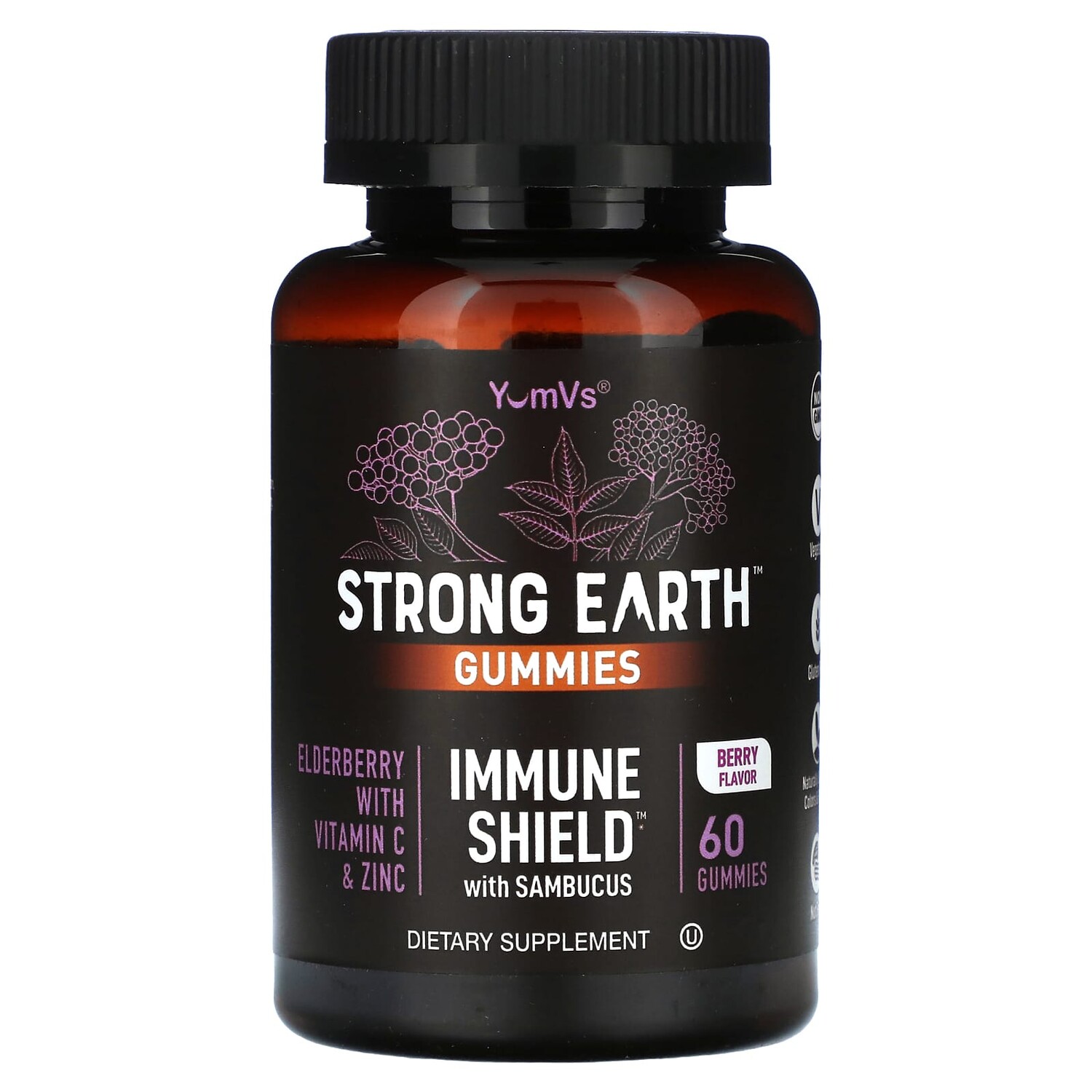 

Strong Earth, жевательные таблетки Immune Shield с самбукусом, ягодами, 60 жевательных таблеток, YumV's