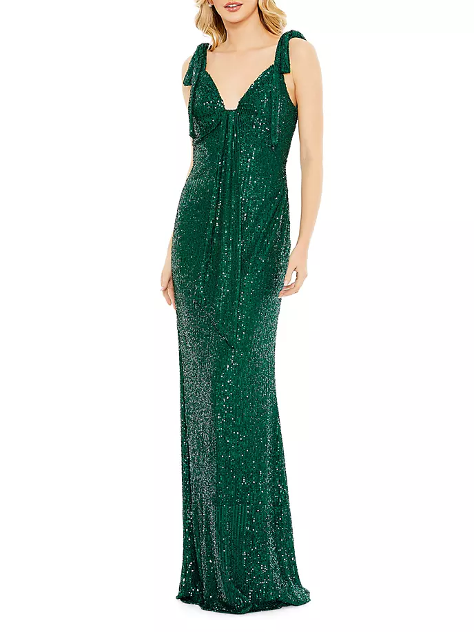 

Платье-колонна с пайетками и бантом на плечах Mac Duggal, цвет emerald