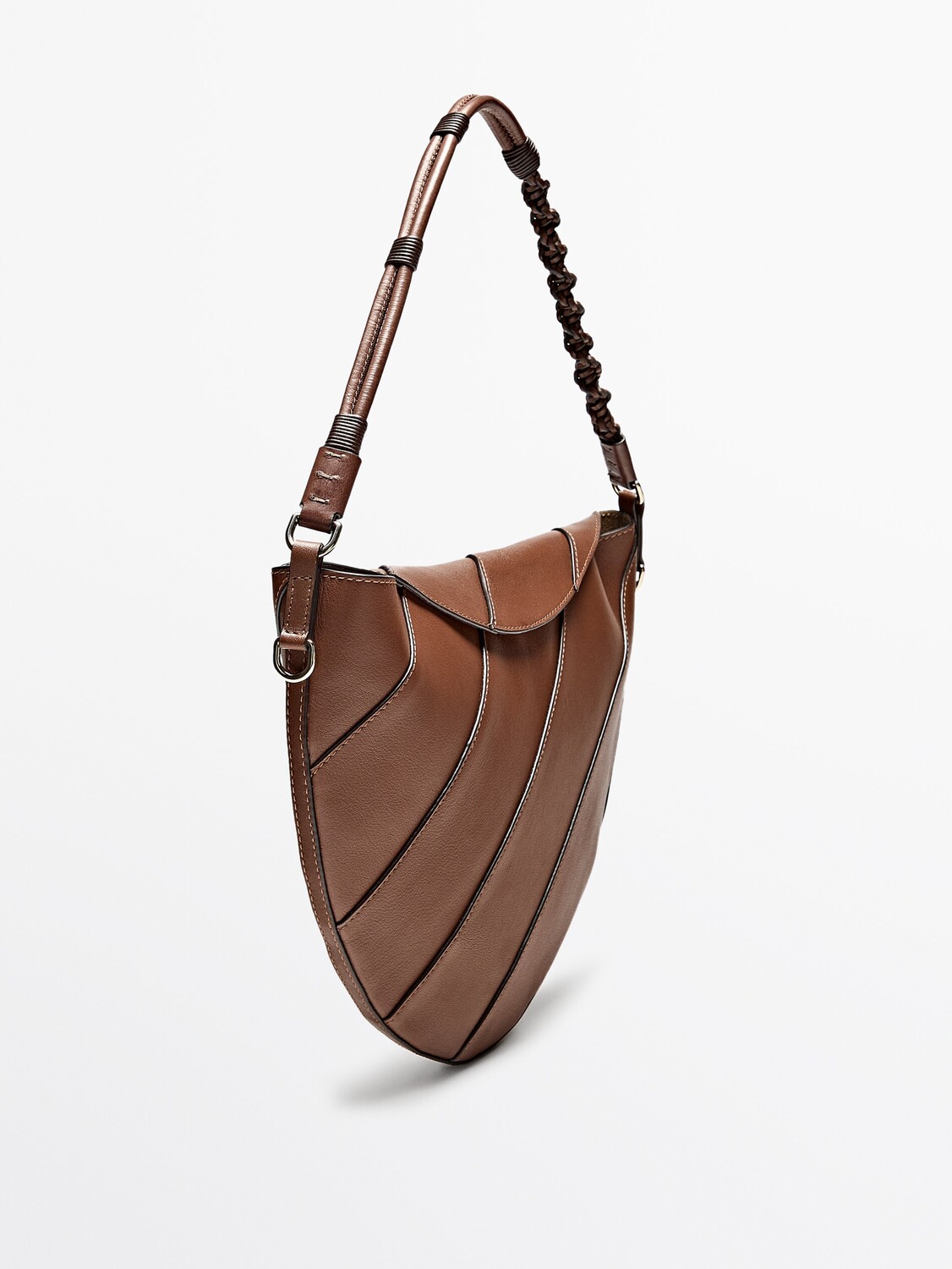 

Сумка полумесяц из кожи наппа с плетеным ремешком Massimo Dutti, бежевый