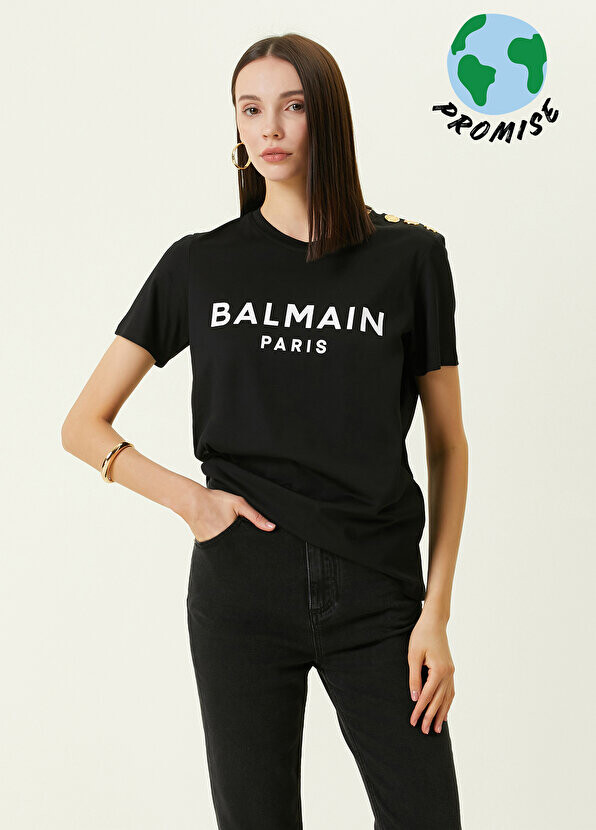 

Черная футболка с круглым вырезом и логотипом Balmain, Черный