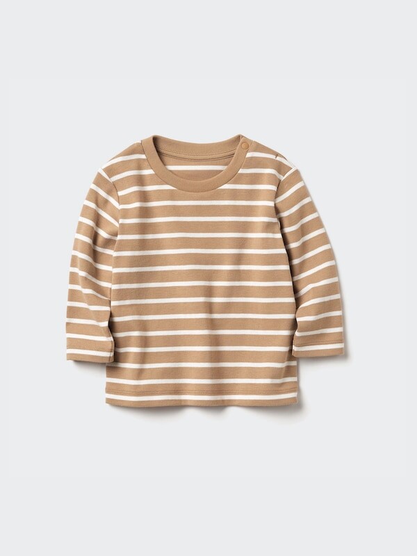 

Футболка с круглым вырезом и длинным рукавом в полоску Uniqlo, бежевый