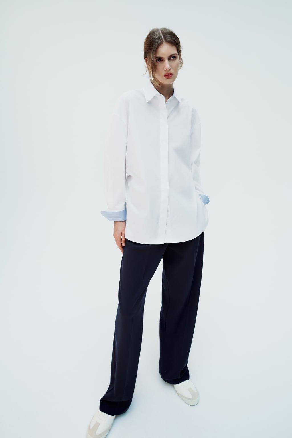 Контрастная рубашка из поплина ZARA, белый приталенная рубашка из поплина zara светло синий
