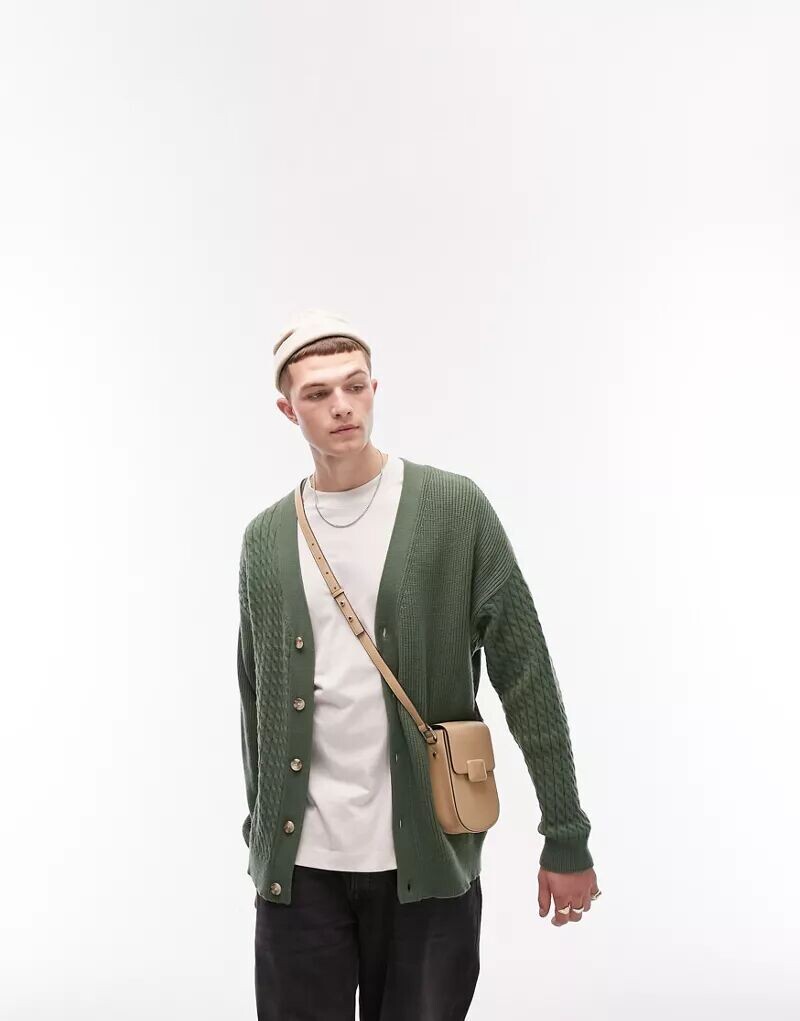 

Кардиган Topman серо-зеленого цвета с узором смешанной вязки