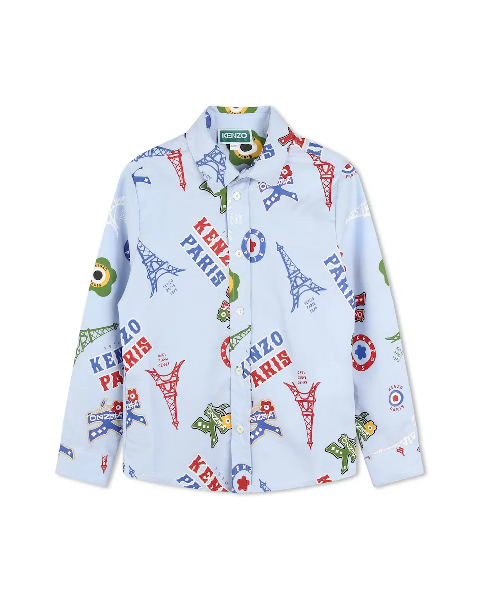 

Рубашка для мальчика из 100% хлопка с принтом Kenzo Kids, светло-голубой