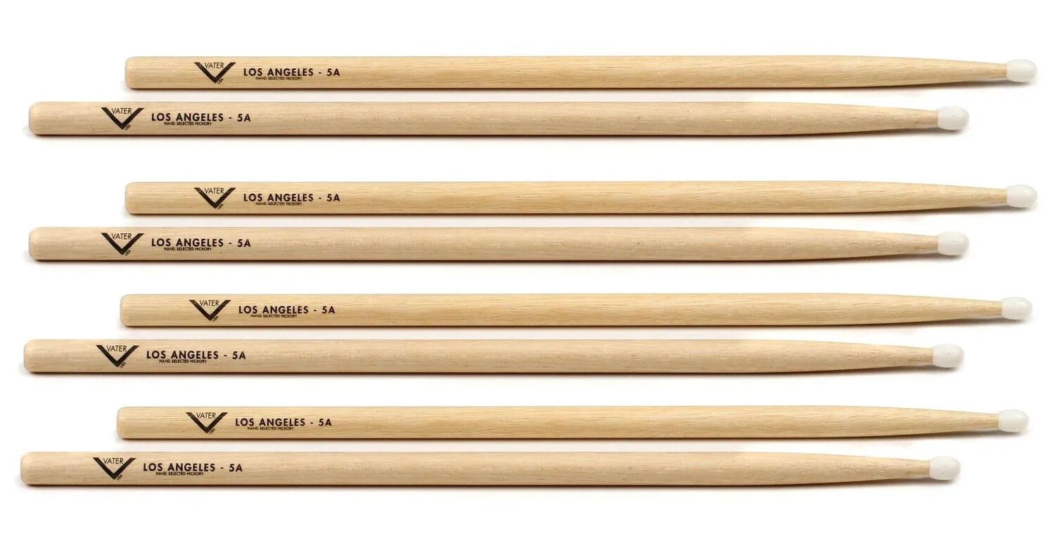 

Барабанные палочки Vater Hickory, 4 упаковки — Los Angeles 5A — нейлоновый наконечник