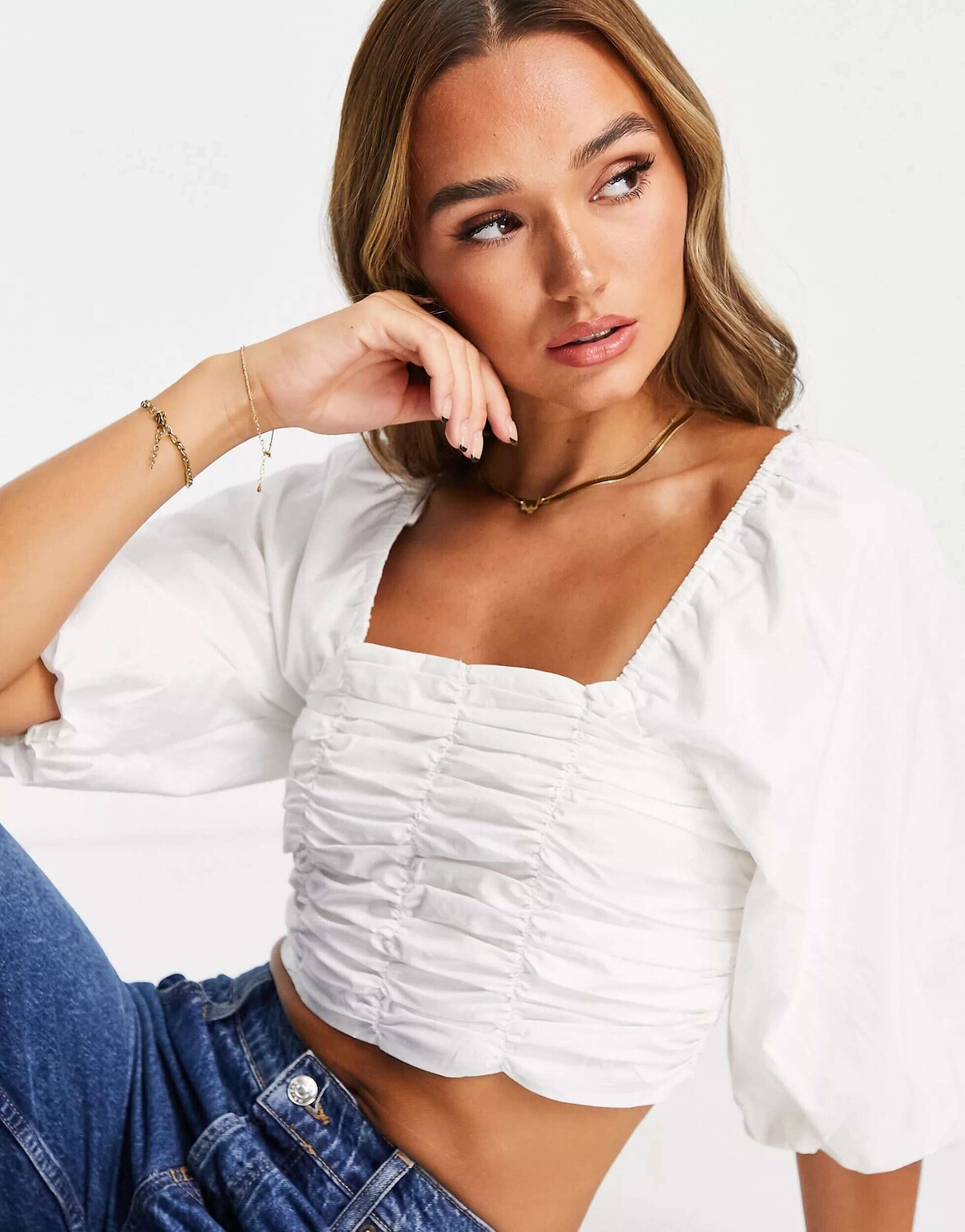 

Белая блузка со сборками и пышными рукавами River Island