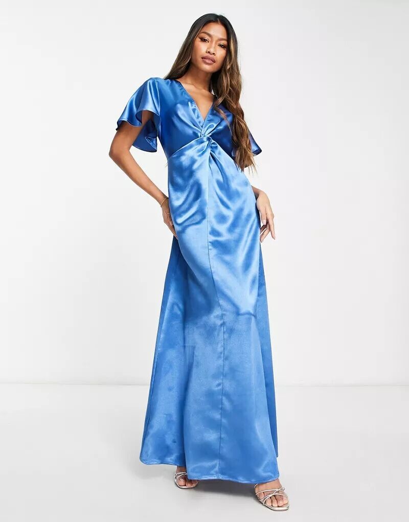 

Синее атласное платье макси Vila Bridesmaid с развевающимися рукавами