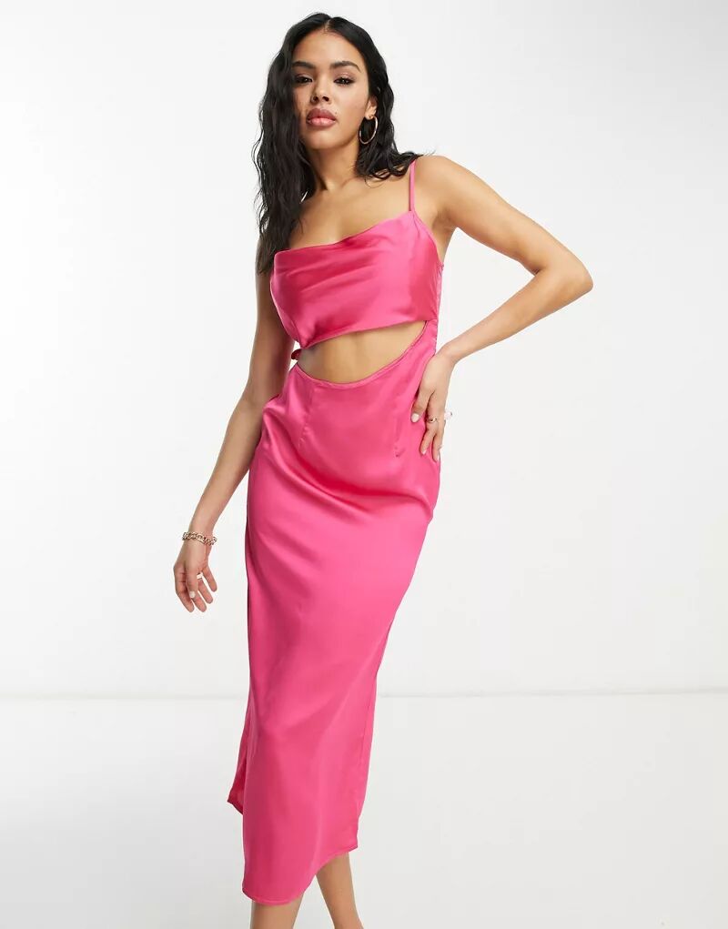 цена Эксклюзивное ярко-розовое атласное платье миди Public Desire x Paris Artiste с вырезом