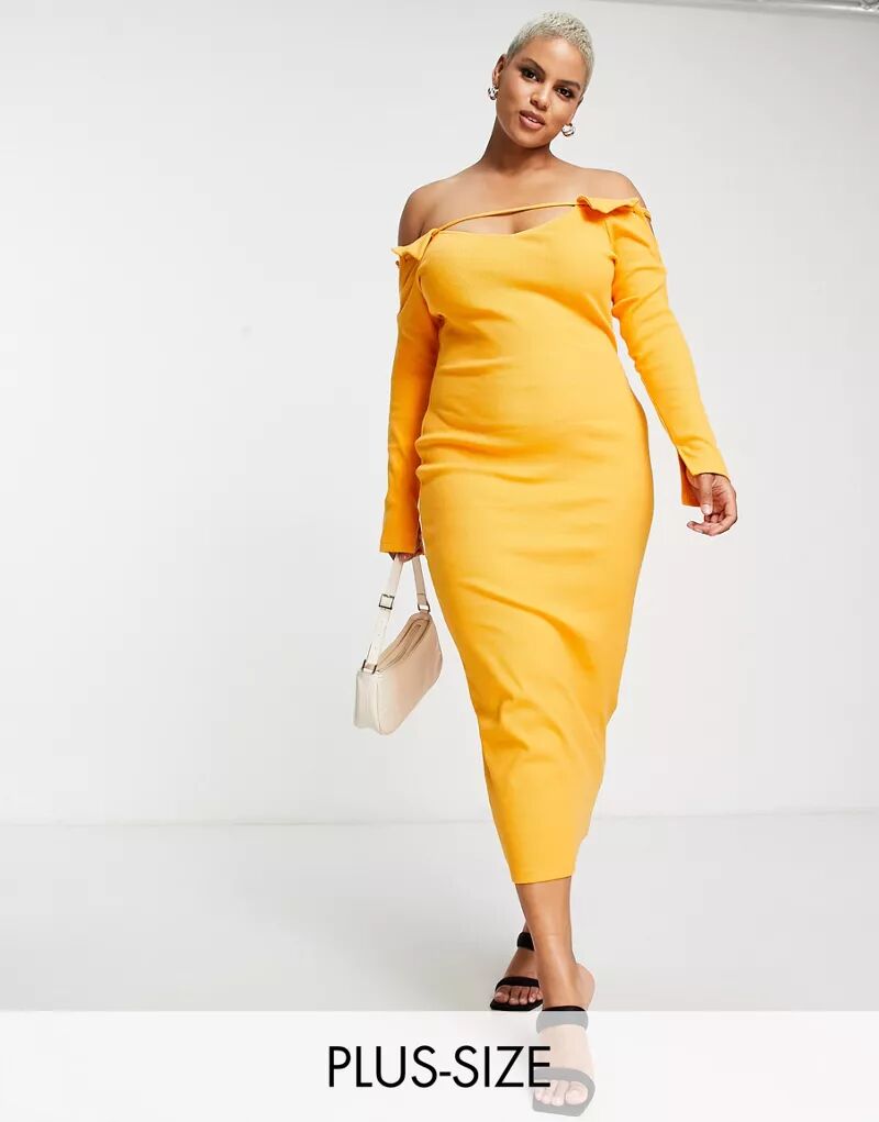Оранжевое платье миди с длинными рукавами и открытыми плечами Simmi Plus Simmi London Plus