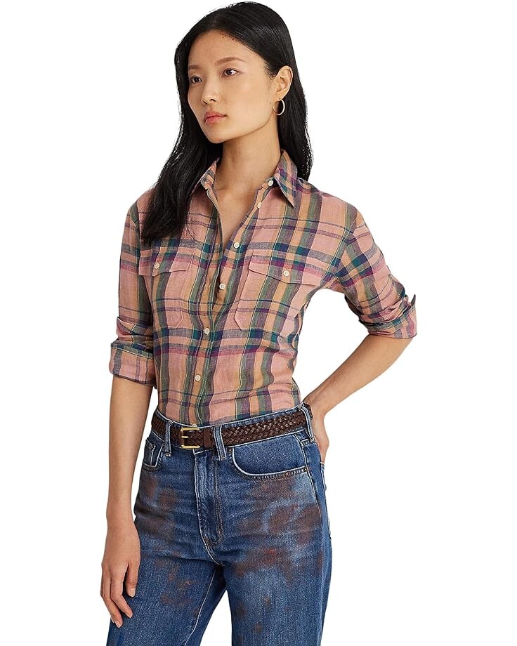 

Рубашка LAUREN Ralph Lauren Checked Plaid Linen Shirt, цвет Pink/Blue Multi