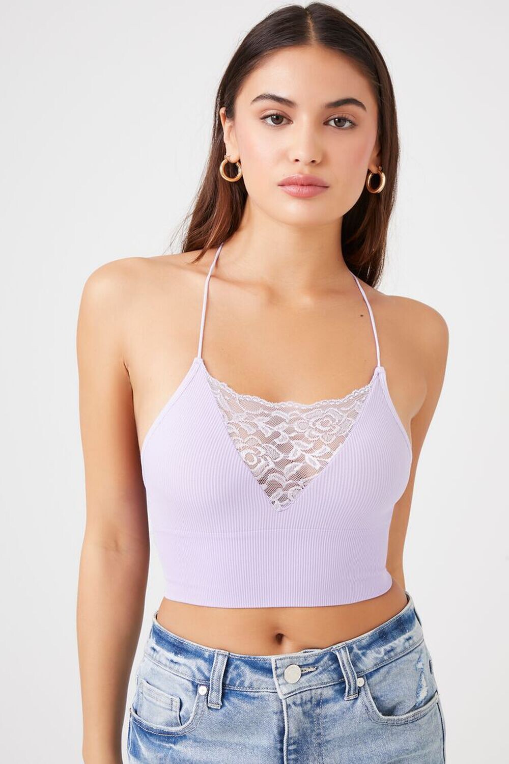 

Бесшовная кружевная укороченная майка Forever 21, лавандовый