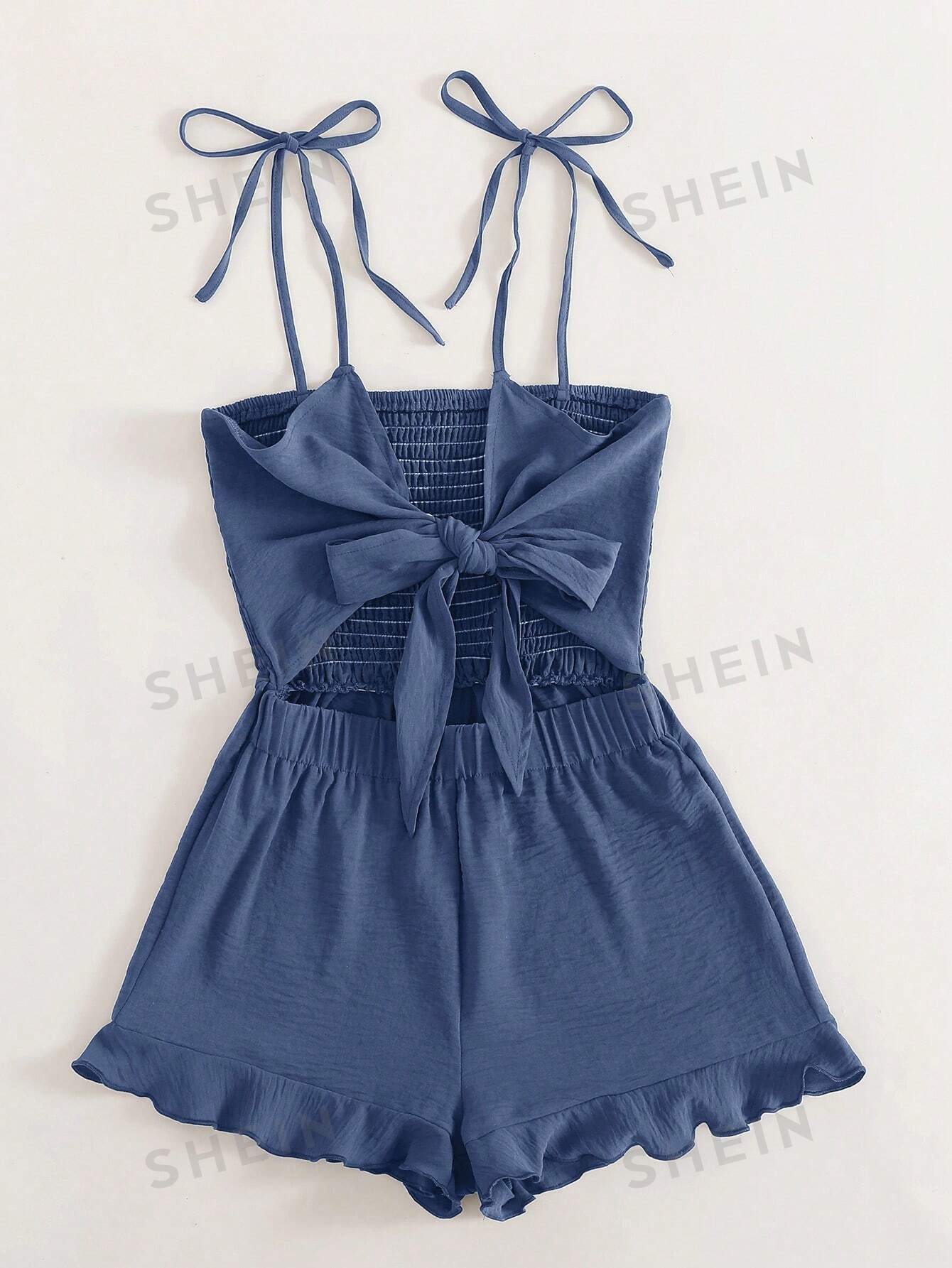 SHEIN VCAY Женский комбинезон с завязкой спереди, открытой спиной и шортами, синий