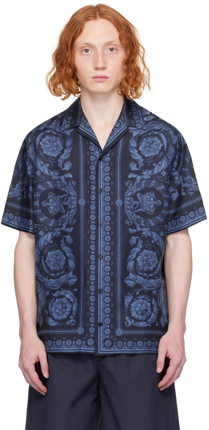 Темно-синяя рубашка в стиле барокко Versace рубашка uniqlo темно синий