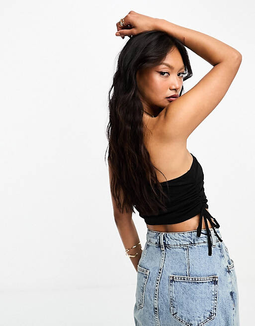 

Черная бандо без бретелек со сборками по бокам ASOS DESIGN