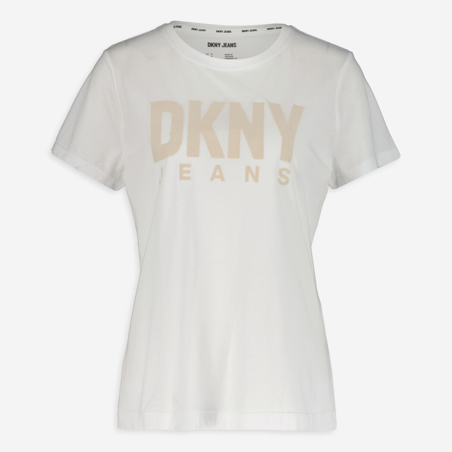 

Белая футболка с большим бежевым логотипом DKNY Jeans