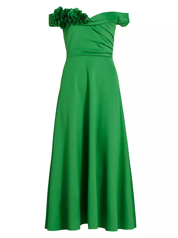 

Платье миди с розеткой и открытыми плечами Badgley Mischka, цвет palm