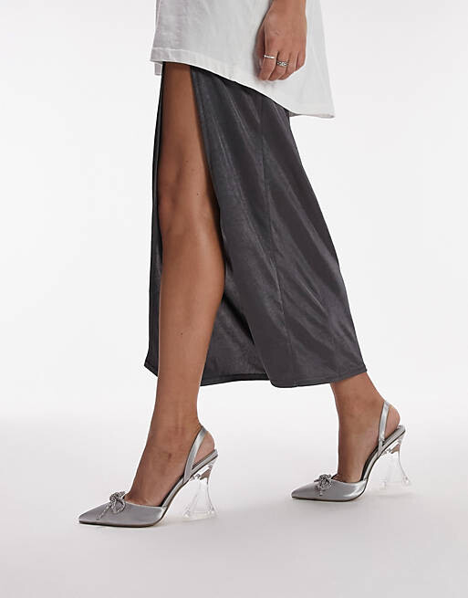 

Серебристые туфли-лодочки на каблуке с ремешком и бантом Topshop Rain