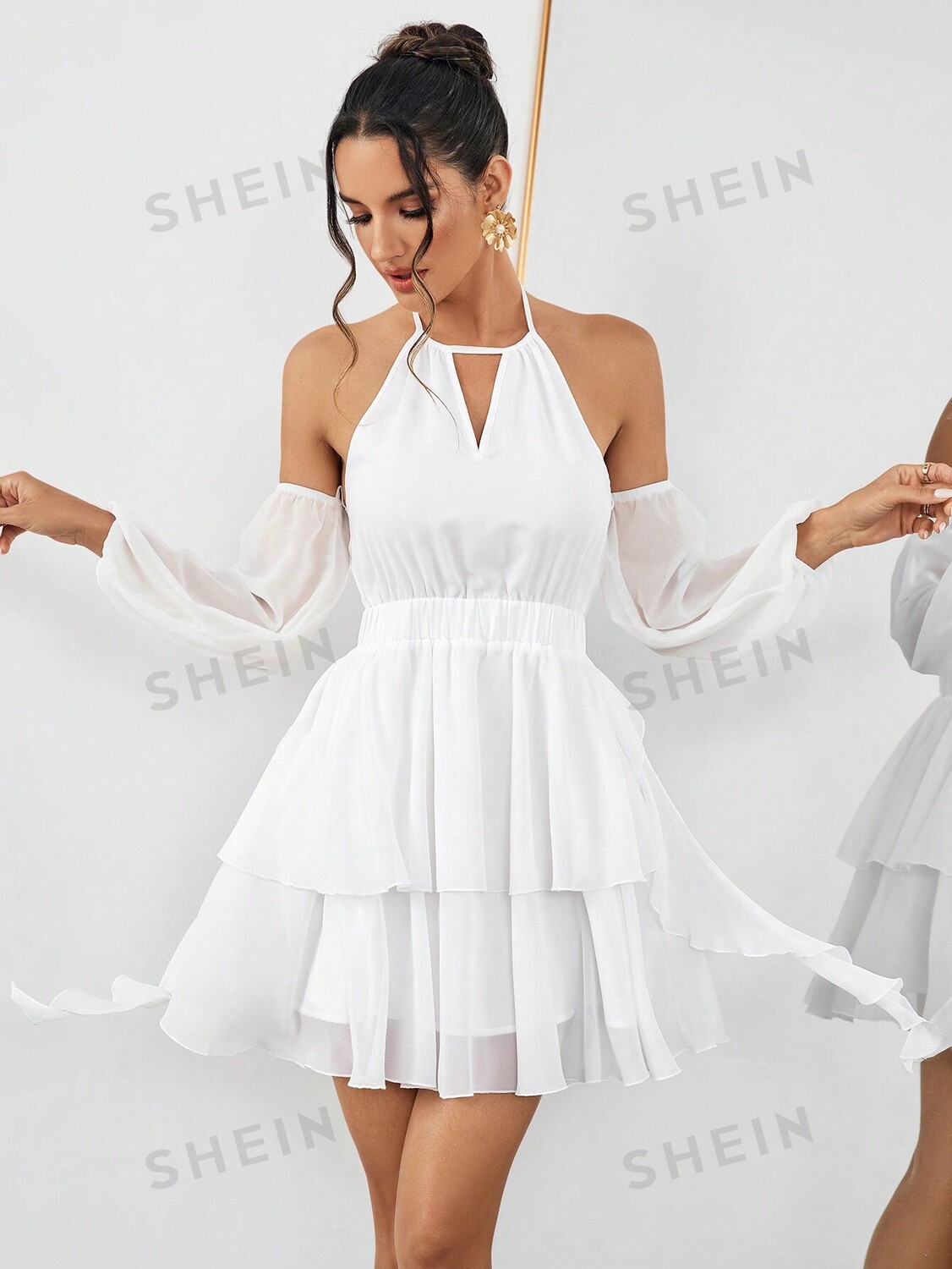 

Платье Shein Privé с открытыми плечами и многоуровневым оборками по краю, белый