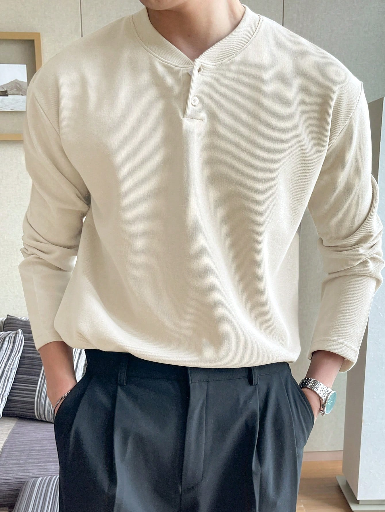 Мужская футболка DAZY с длинным рукавом и пуговицами спереди, абрикос