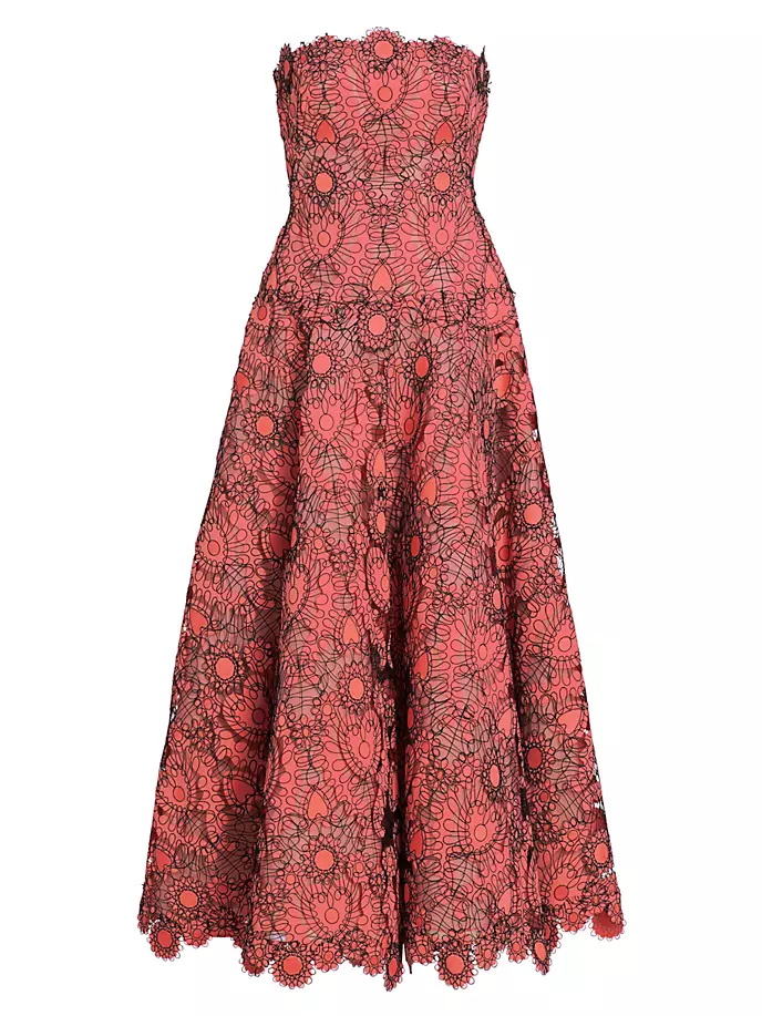 

Платье макси без бретелек с резьбой Lela Rose, лосось