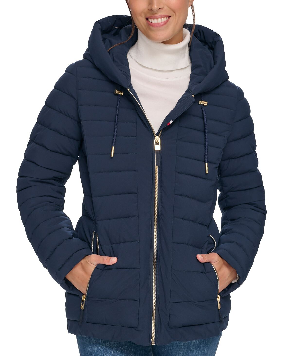 

Женский компактный пуховик с эластичным капюшоном Tommy Hilfiger, темно-синий